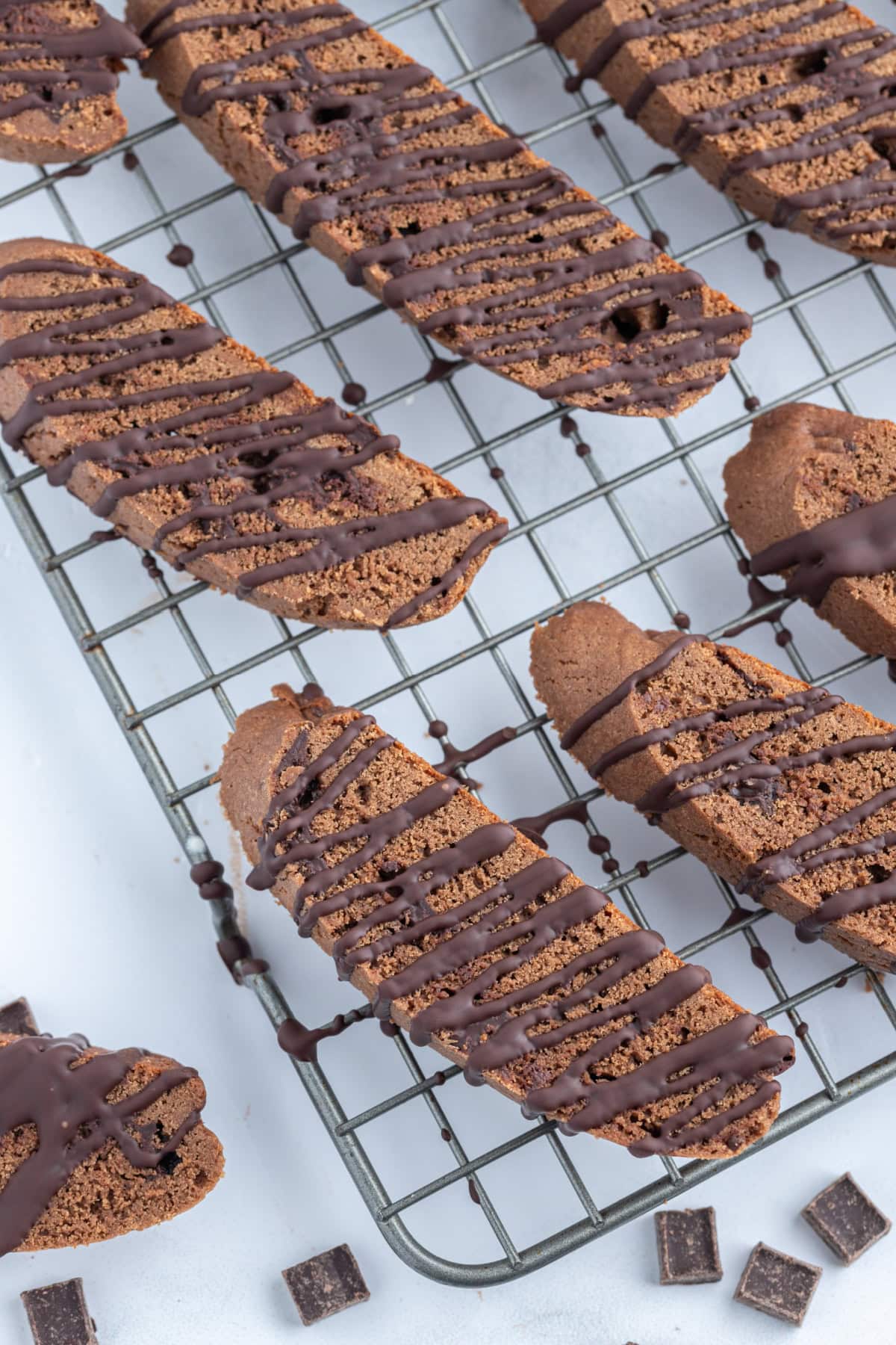 Triple Chocolate Biscotti recipe from RecipeGirl.com triple chocolate biscotti on cooling rack