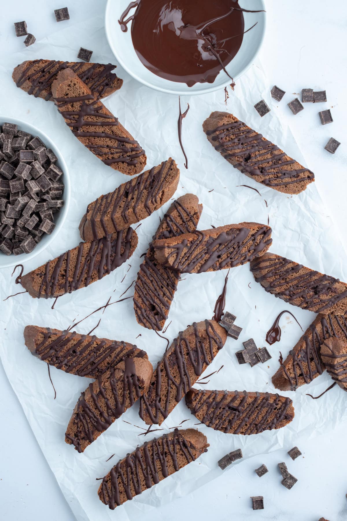 Triple Chocolate Biscotti recipe from RecipeGirl.com triple chocolate biscotti with bowl of chocolate chips