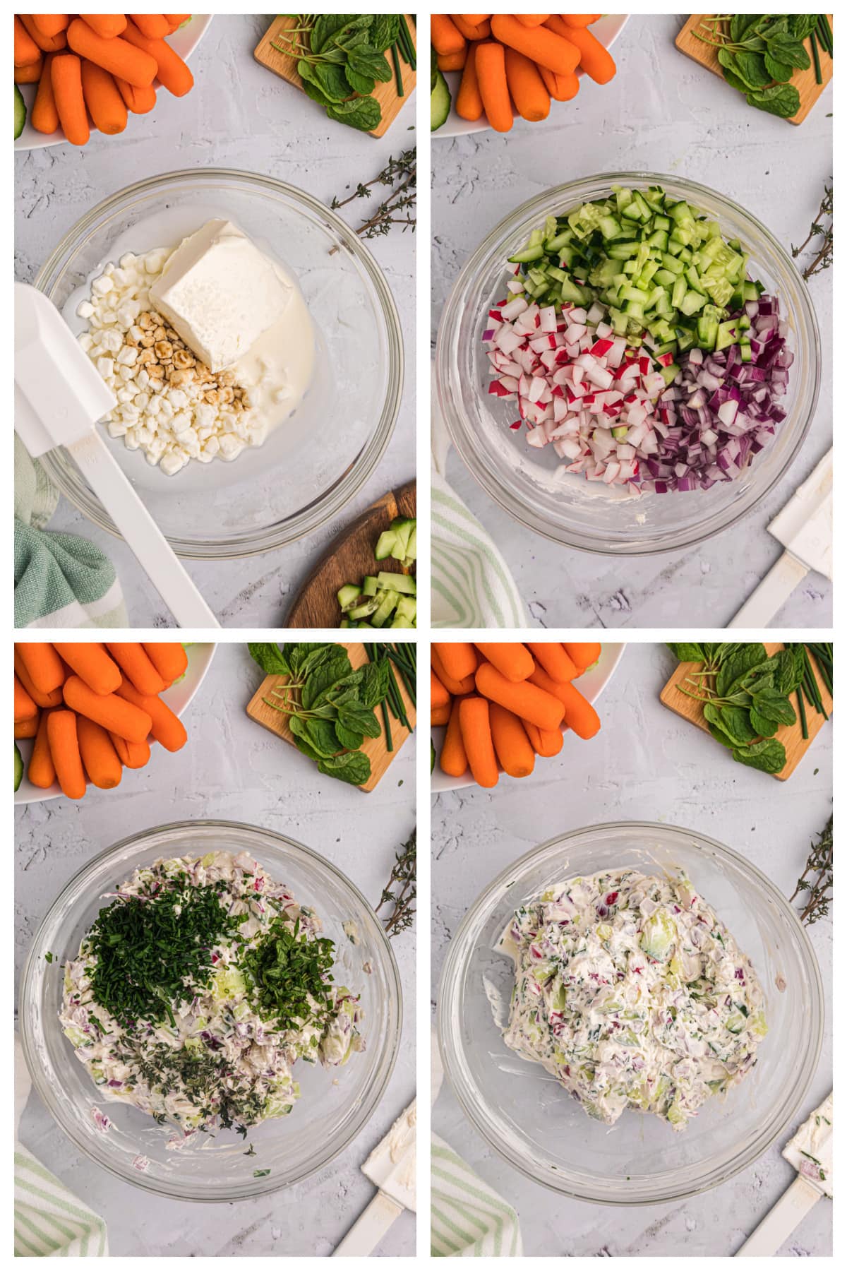 Vegetable Goat Cheese Spread recipe from RecipeGirl.com four photos showing how to make vegetable goat cheese spread