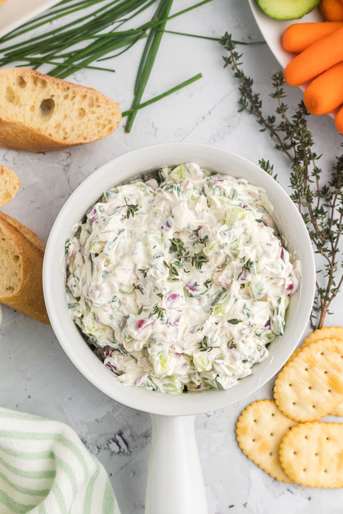 Vegetable Goat Cheese Spread recipe from RecipeGirl.com bowl of vegetable goat cheese spread