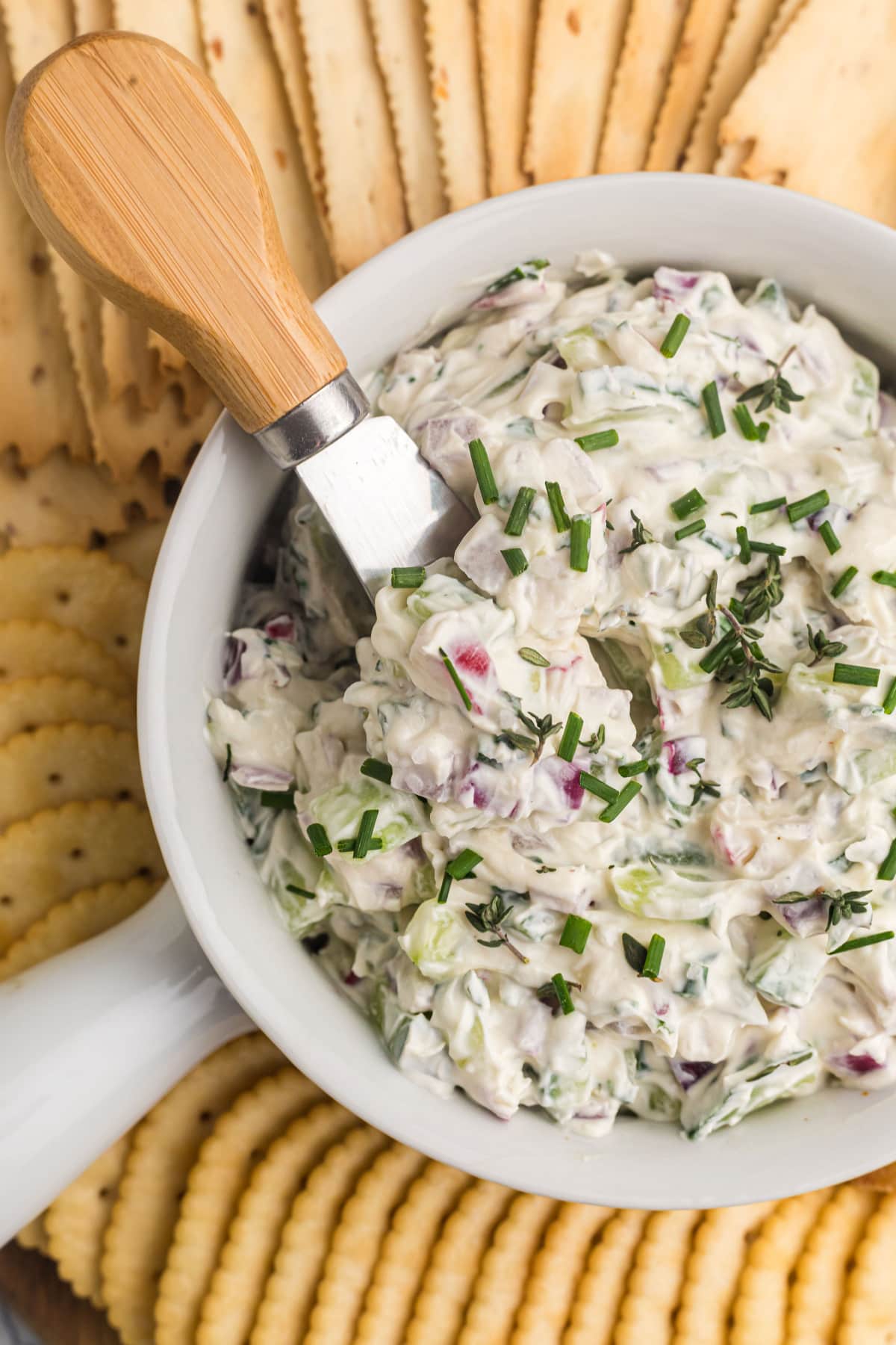 Vegetable Goat Cheese Spread recipe from RecipeGirl.com bowl of vegetable goat cheese spread surrounded by crackers