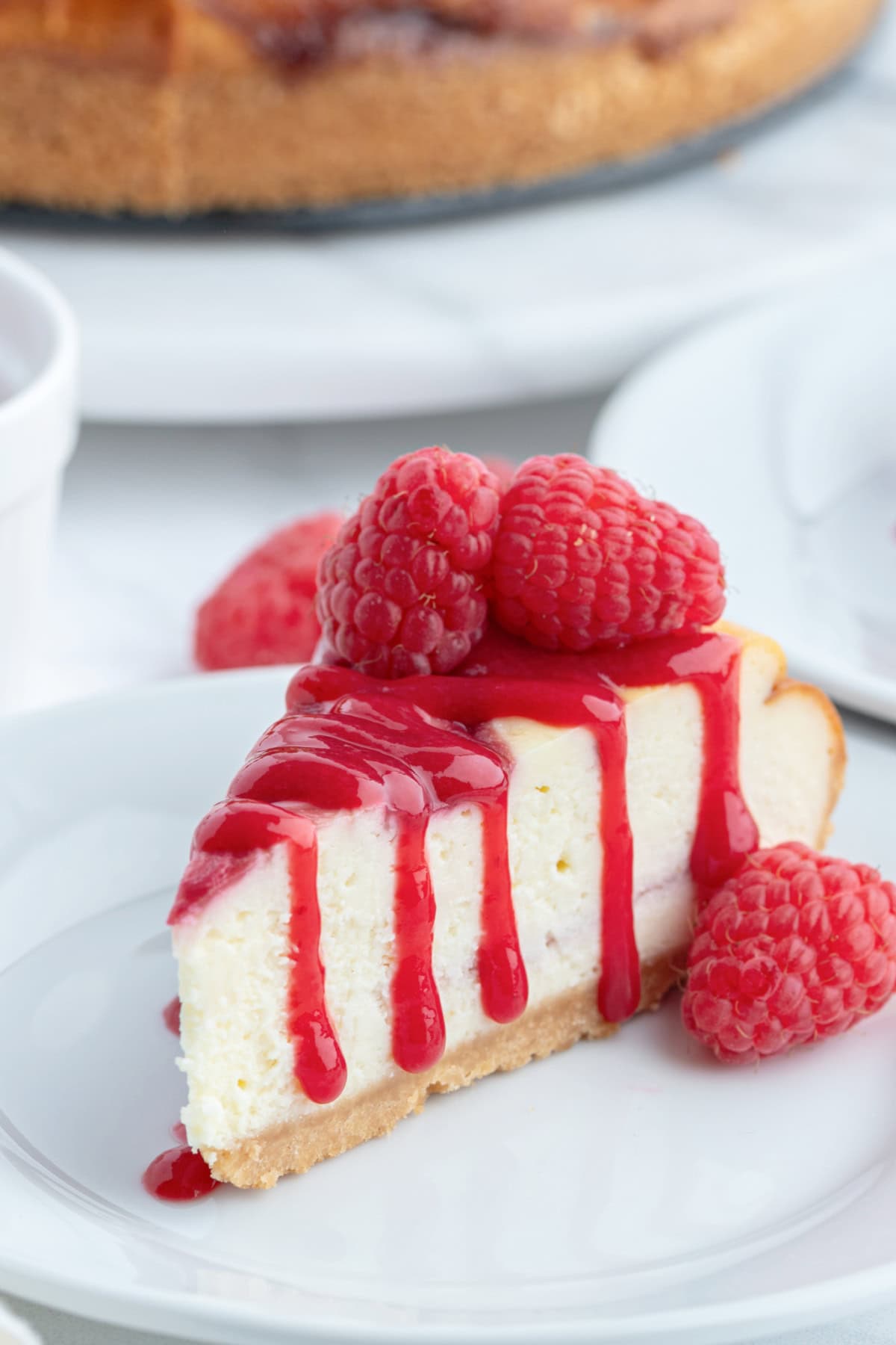 White Chocolate Raspberry Cheesecake recipe from RecipeGirl.com slice of white chocolate raspberry cheesecake